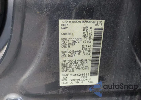 2018 Nissan Titan Xd Sl Diesel z USA, uszkodzony, nr VIN 1N6BA1F46JN524633